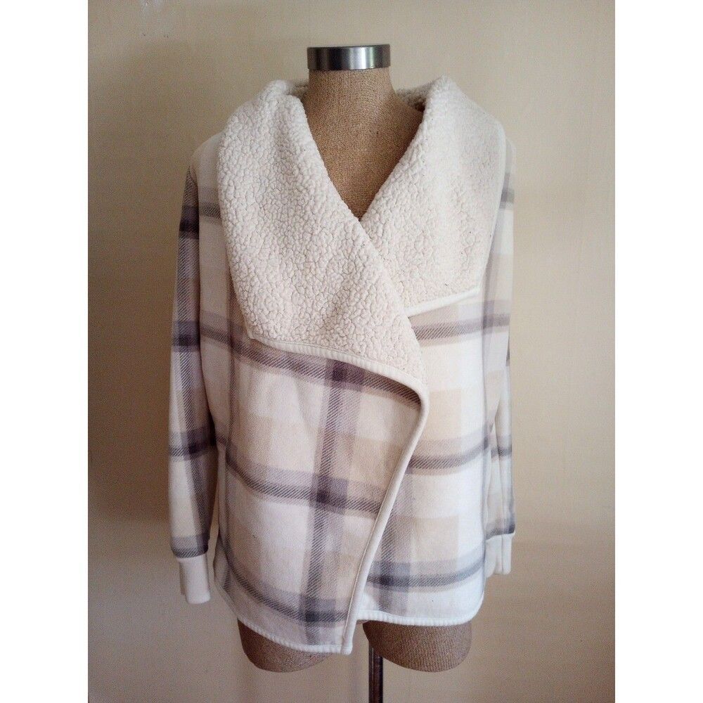 Abercrombie & Fitch Open Front Jacket Womens S Beige Grey Plaid Sherpa Lined EUC